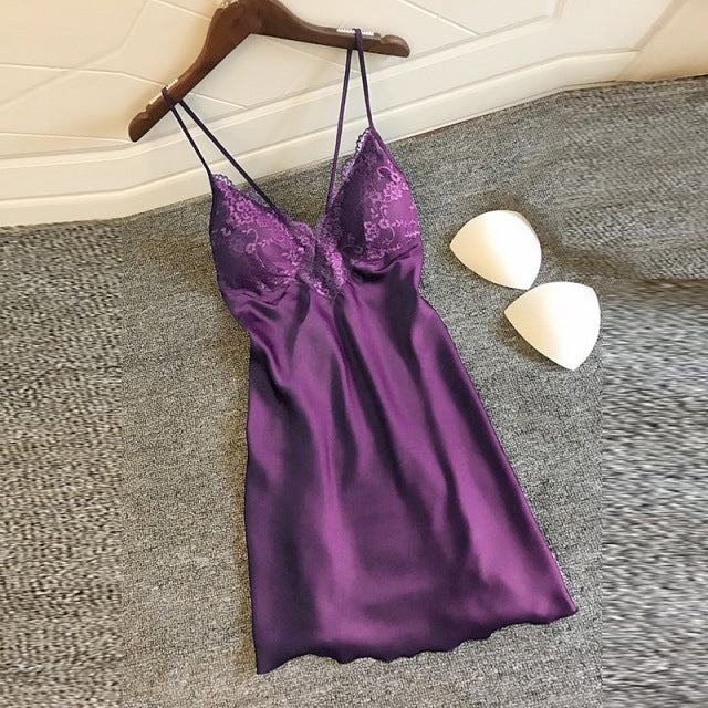 Sex Lingerie Women Nightie Lace V Neck Sexy Night Dress Flowers Print Sleepwear Spaghetti Strap Sexy Backless Nightgowns