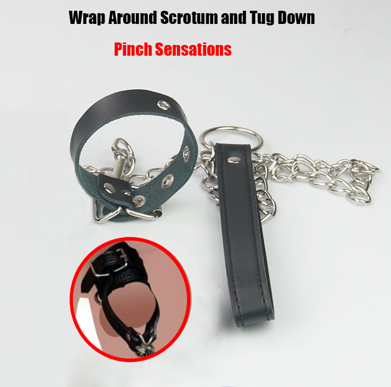 CBT Ball Stretcher/Sack/Tug/Sling, Leather Scrotum Bondage Cock Ring,Chastity Cage With Leash,BDSM Toys