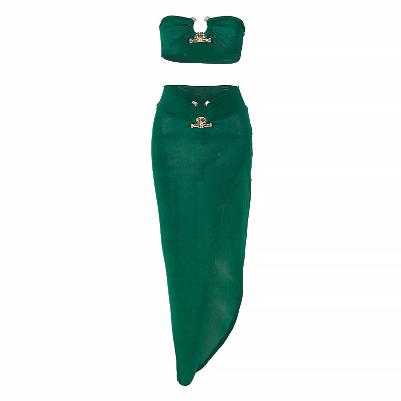 Hugcitar Velvet Sexy Strapless Crop Tube Top High Waist Slit Maxi Dress 2 Pcs Suits Women Fashion Streetwear Vestido