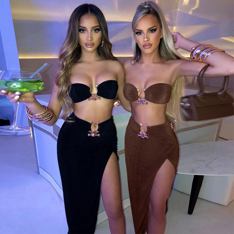 Hugcitar Velvet Sexy Strapless Crop Tube Top High Waist Slit Maxi Dress 2 Pcs Suits Women Fashion Streetwear Vestido