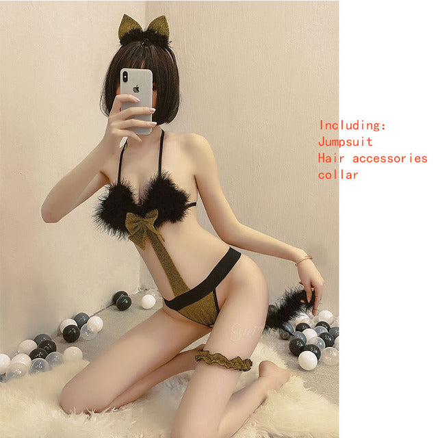 Lingerie Set for Women Anime Cat Cosplay Uniform Cute Kitten Roleplay Erotic See Through Costumes Black Sexy Lace Sleepwear