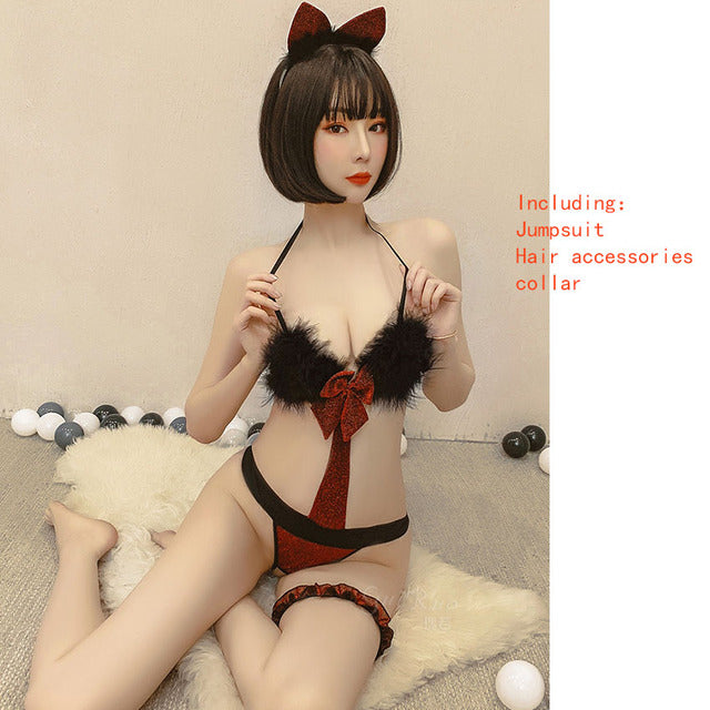 Lingerie Set for Women Anime Cat Cosplay Uniform Cute Kitten Roleplay Erotic See Through Costumes Black Sexy Lace Sleepwear