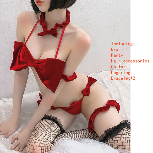 Lingerie Set for Women Anime Cat Cosplay Uniform Cute Kitten Roleplay Erotic See Through Costumes Black Sexy Lace Sleepwear