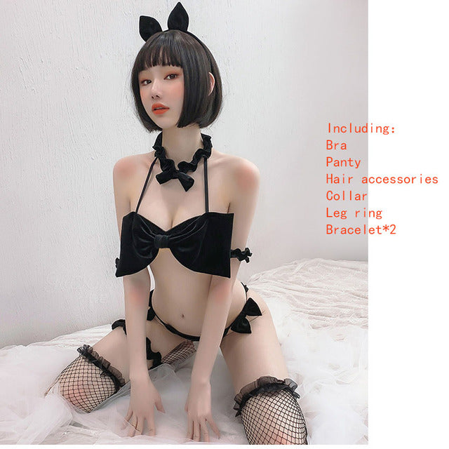 Lingerie Set for Women Anime Cat Cosplay Uniform Cute Kitten Roleplay Erotic See Through Costumes Black Sexy Lace Sleepwear