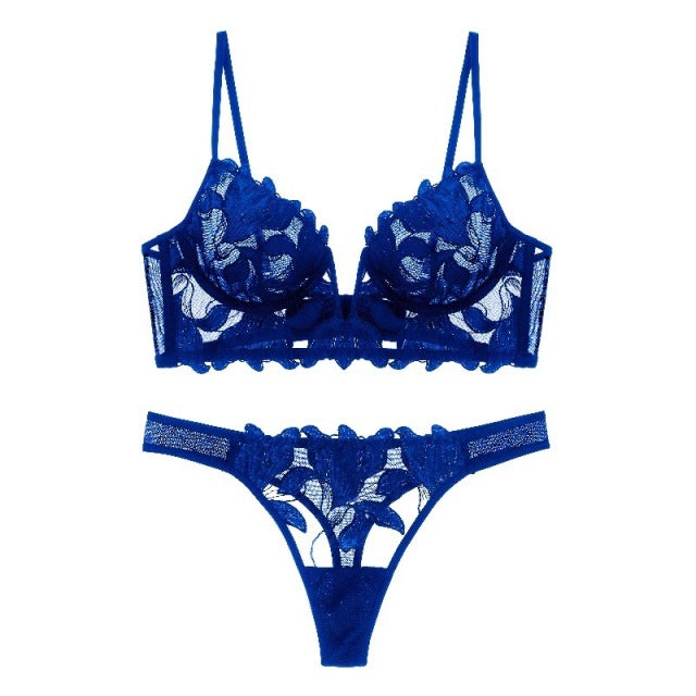 French Embroidery Sexy Lingerie Woman Thin Deep V Push Up Transparent Lace Bra Set See Through Underwear Sets