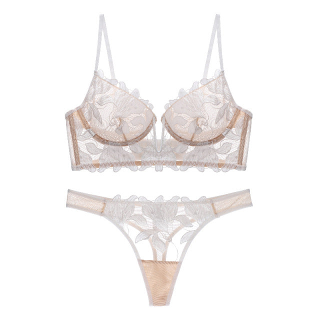 French Embroidery Sexy Lingerie Woman Thin Deep V Push Up Transparent Lace Bra Set See Through Underwear Sets