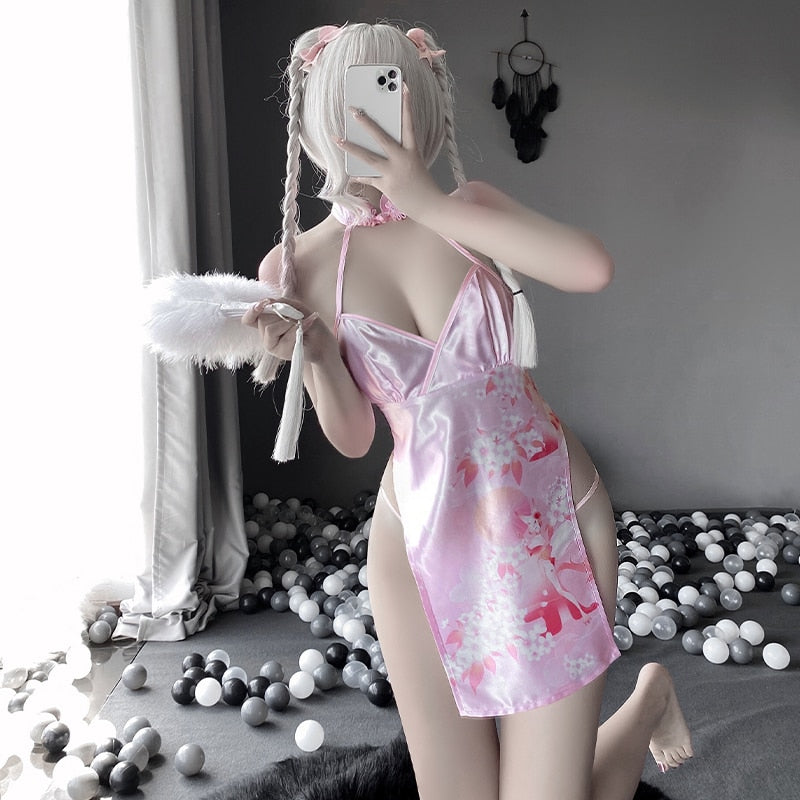 Japanese Style Anime Hollow out Charming Cheongsam Sexy Lingerie Temptation High Slit Uniform Cosplay Porno Lovely Outfits