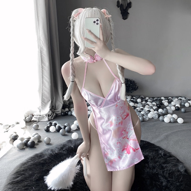 Japanese Style Anime Hollow out Charming Cheongsam Sexy Lingerie Temptation High Slit Uniform Cosplay Porno Lovely Outfits