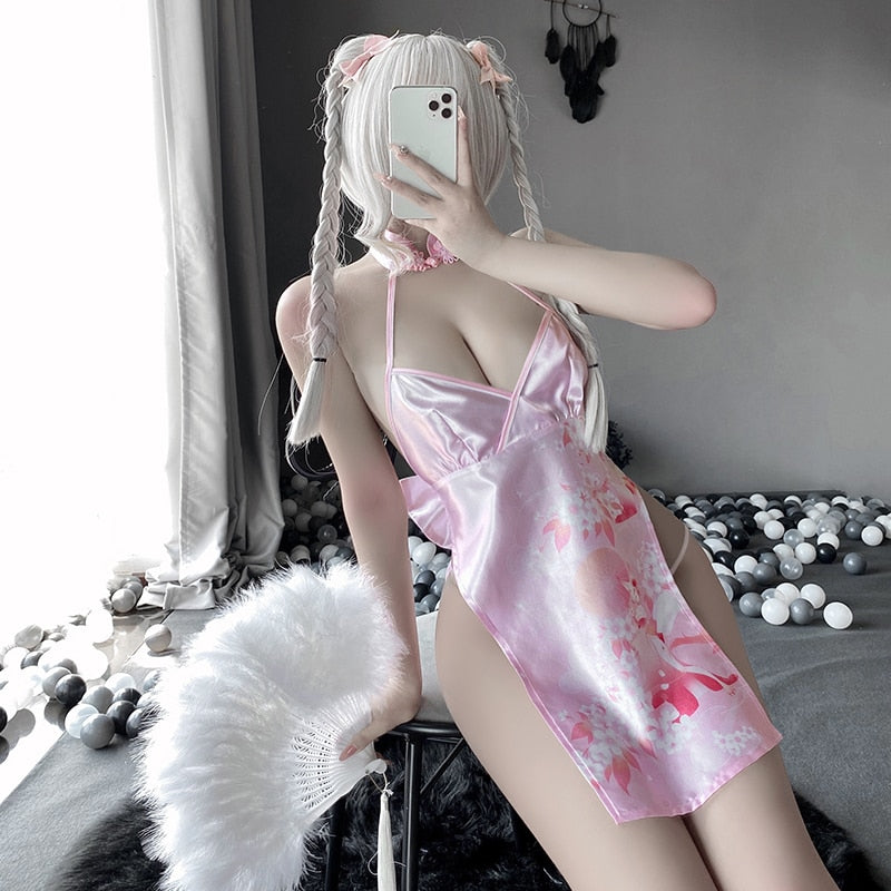 Japanese Style Anime Hollow out Charming Cheongsam Sexy Lingerie Temptation High Slit Uniform Cosplay Porno Lovely Outfits