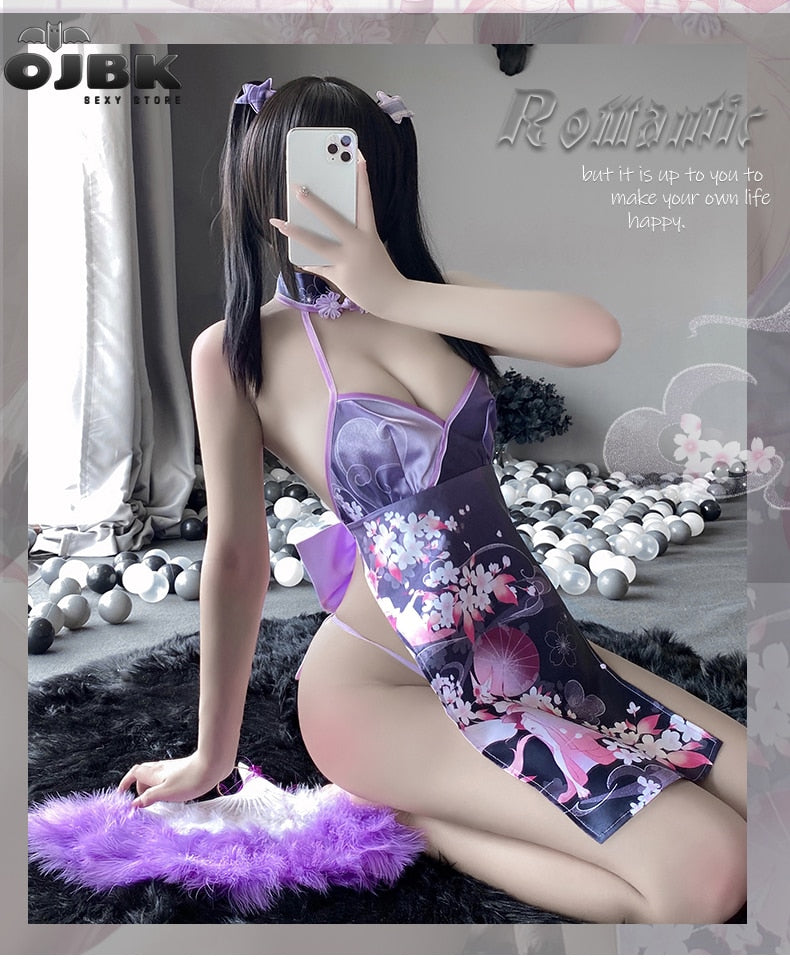 Japanese Style Anime Hollow out Charming Cheongsam Sexy Lingerie Temptation High Slit Uniform Cosplay Porno Lovely Outfits
