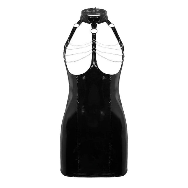 Women Ladies Wetlook PVC Leather Lingerie Mini Bodycon Latex Dress Hot Sexy Halter Open Cup Tassel Party Night Dress Clubwear