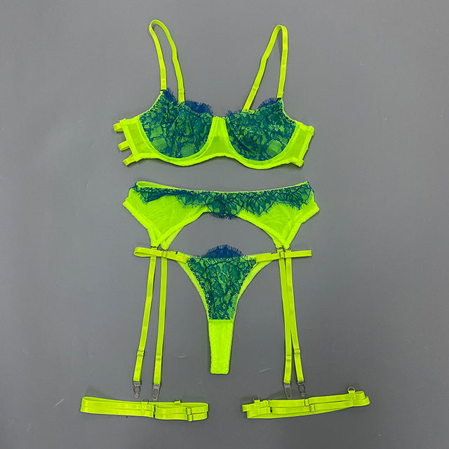 Ellolace Sensual Lingerie Lace Push Up Delicate Underwear 3-Piece Underwire Exotic Sets