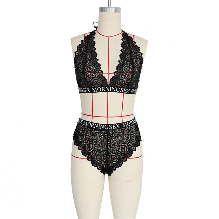 Plus size Letter Print Lace Bralette &amp; Panty Sets Women Sexy Lingerie Set MORNINGSEX Sheer Big Size Bra &amp; Brief Bikini Sets
