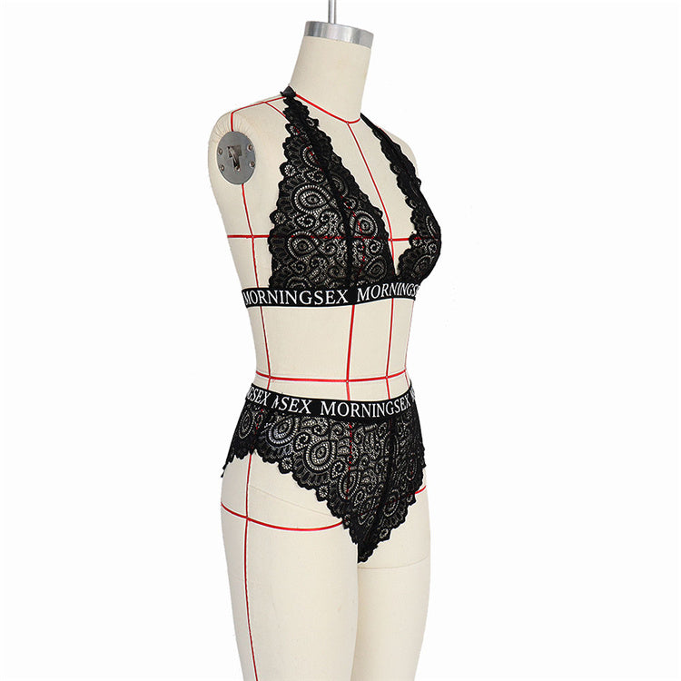 Plus size Letter Print Lace Bralette &amp; Panty Sets Women Sexy Lingerie Set MORNINGSEX Sheer Big Size Bra &amp; Brief Bikini Sets