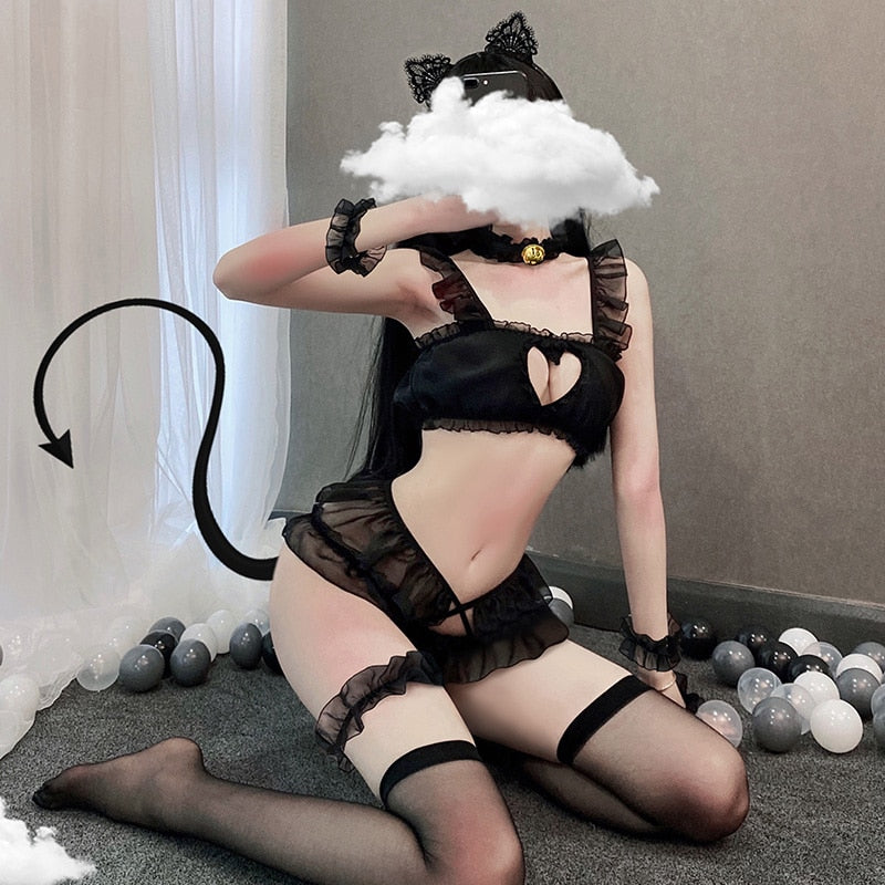Erotic Cosplay Role Play Cat Costume for Women Kawaii Lingerie Femme Outfit Sex Black Fancy Underwear Hot Sexy Japanese Girl