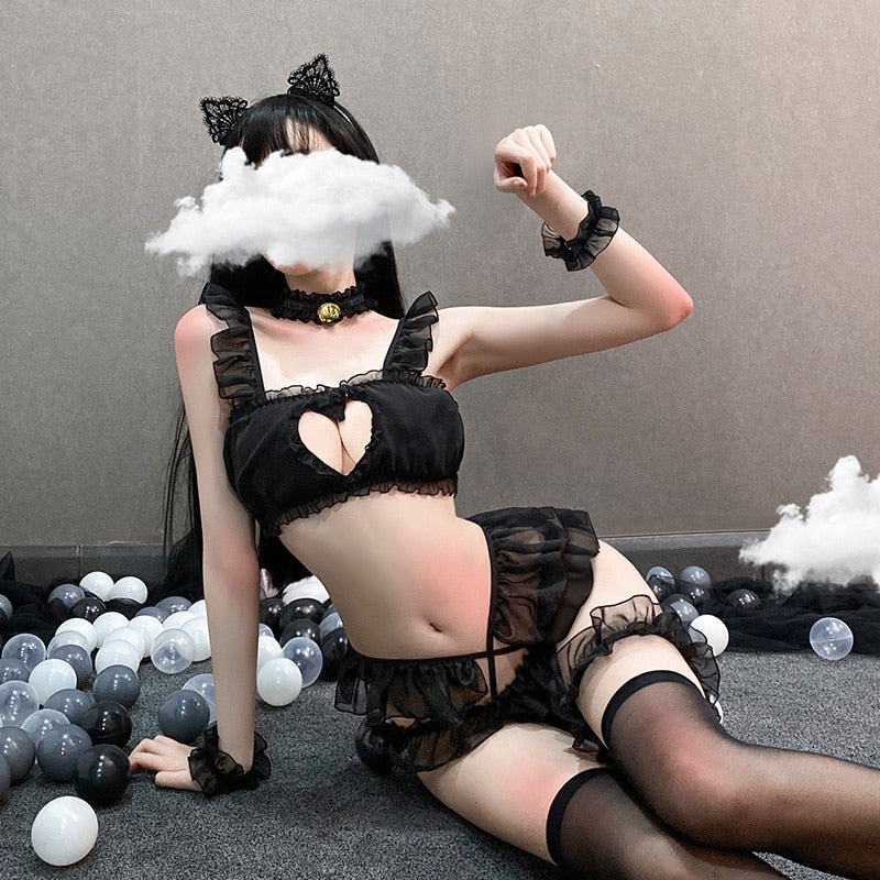 Erotic Cosplay Role Play Cat Costume for Women Kawaii Lingerie Femme Outfit Sex Black Fancy Underwear Hot Sexy Japanese Girl