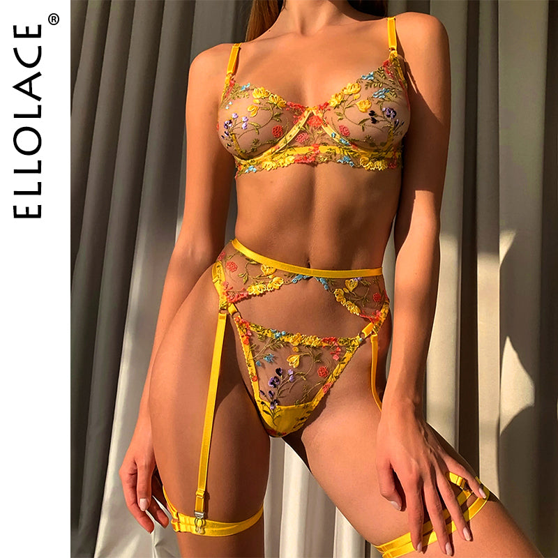 Ellolace Lingerie Sensual Lace Underwear Transparent Embroidery 3-Piece