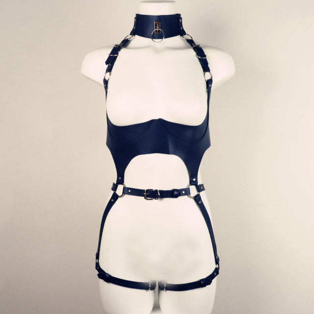 Pink Harness Women Full Body Bondage Cage PU Leather Garter Set Sexy Lingerie Suit Bra Chest Thigh Leg Straps Bdsm Rave Clothes