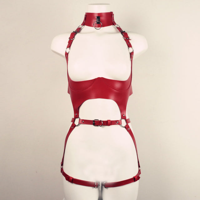 Pink Harness Women Full Body Bondage Cage PU Leather Garter Set Sexy Lingerie Suit Bra Chest Thigh Leg Straps Bdsm Rave Clothes
