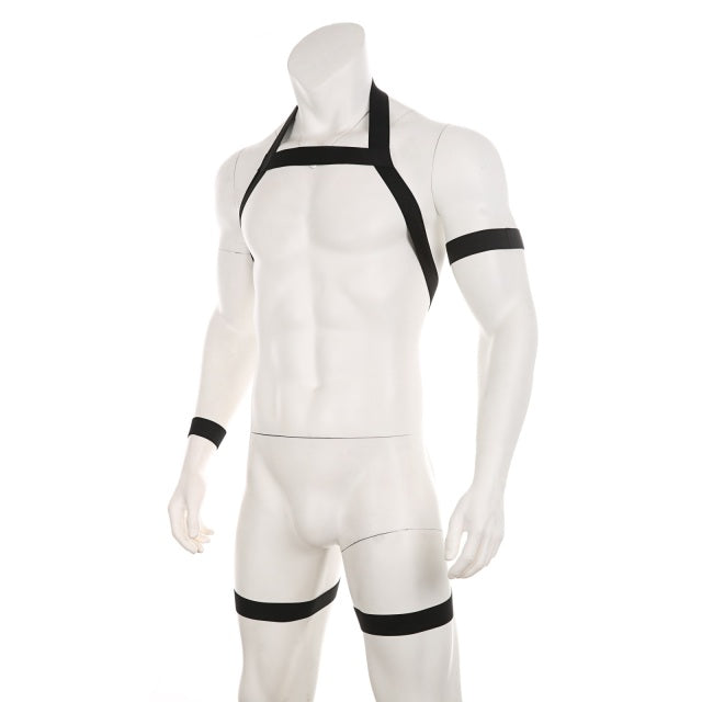 Men Halter Neck Elastic Body Chest Harness Sexy Bondage Lingerie with Armband Shoulder Straps Leg Ring Clubwear Stage Costume