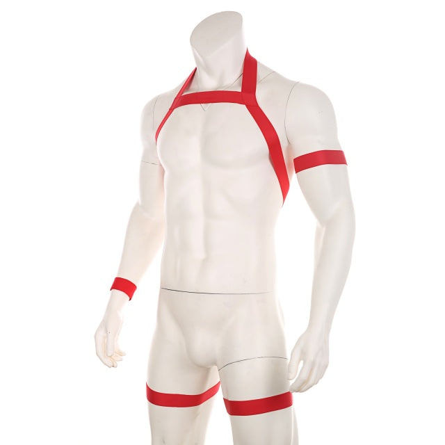 Men Halter Neck Elastic Body Chest Harness Sexy Bondage Lingerie with Armband Shoulder Straps Leg Ring Clubwear Stage Costume