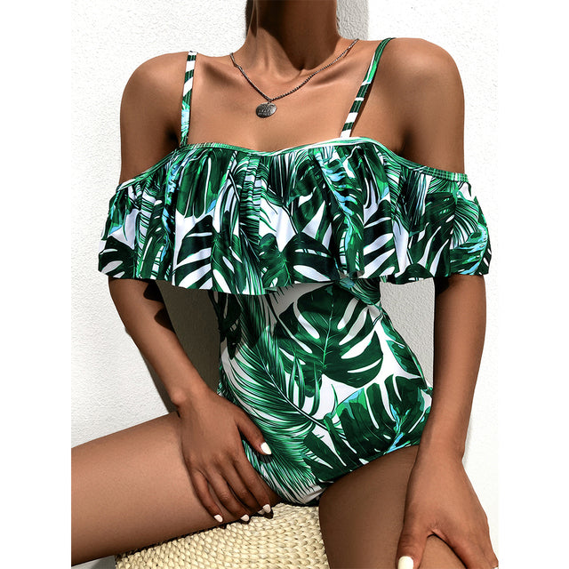 One Piece Swimsuit Swimwear Women Print Ruffle Swimsuit Bodysuit Monokini Female Padded Bathing Suits Beach Wear Summer