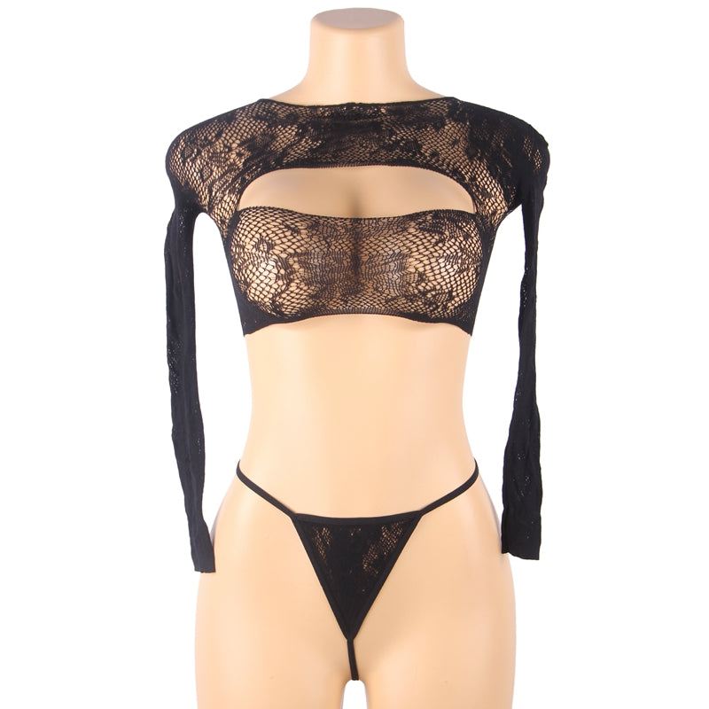 Comeondear Plus Size Women Lingerie Set Fishnet Hollow Out Long Sleeve Bra And Panty Set Mesh Sexy Panties Underwear Bra Set