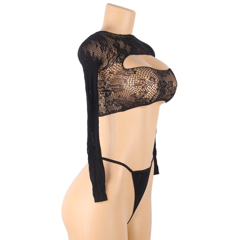 Comeondear Plus Size Women Lingerie Set Fishnet Hollow Out Long Sleeve Bra And Panty Set Mesh Sexy Panties Underwear Bra Set