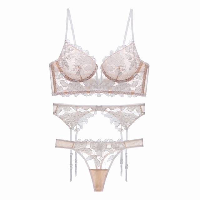 French Embroidery Sexy Lingerie Woman Thin Deep V Push Up Transparent Lace Bra Set See Through Underwear Sets