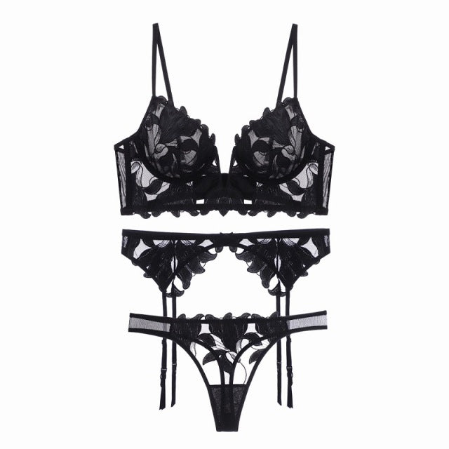 French Embroidery Sexy Lingerie Woman Thin Deep V Push Up Transparent Lace Bra Set See Through Underwear Sets