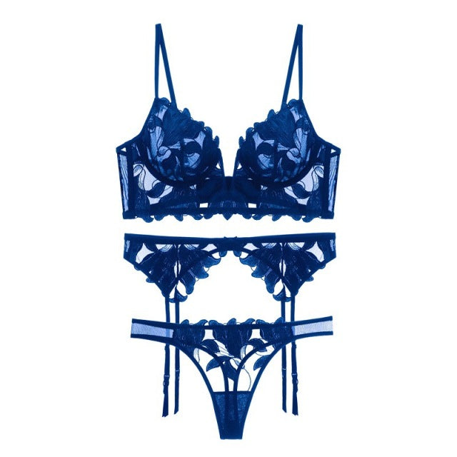 French Embroidery Sexy Lingerie Woman Thin Deep V Push Up Transparent Lace Bra Set See Through Underwear Sets