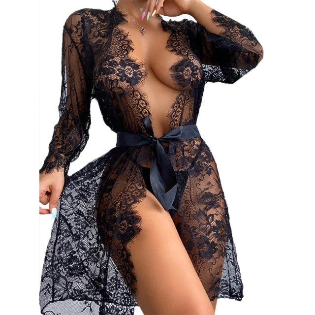 Sexy Women Lingerie Lace Ruffles Robe See-through Babydoll Underwear Sleepwear Night Dress Erotic Sex Clothes