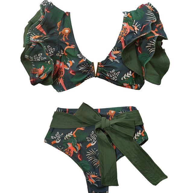 Two-Pieces Women Floral Push-Up Padded Bra Ruffles Bandage Bikini Set Swimsuit Swimwear Bathing Suit Beachwear Biquini