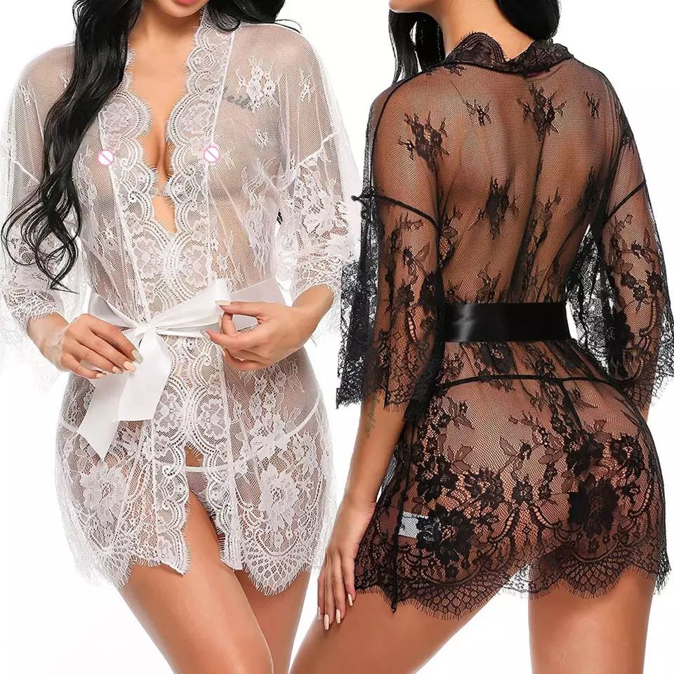 Ladies Sexy Lace Pajamas Evening Dress Sexy Lingerie Transparent Mesh Robe Underwear Solid Color Lace Bathrobe Dress Sex Clothes