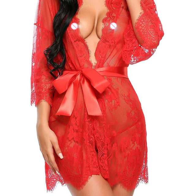 Ladies Sexy Lace Pajamas Evening Dress Sexy Lingerie Transparent Mesh Robe Underwear Solid Color Lace Bathrobe Dress Sex Clothes