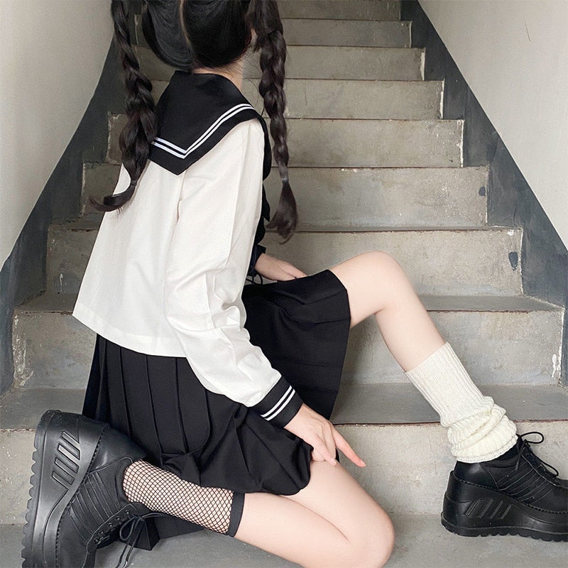 Japanese School Girl Uniform Plus Size JK Black Sailor Basic Cartoon Navy Sailor Uniform sets Navy Costume Women girl costume