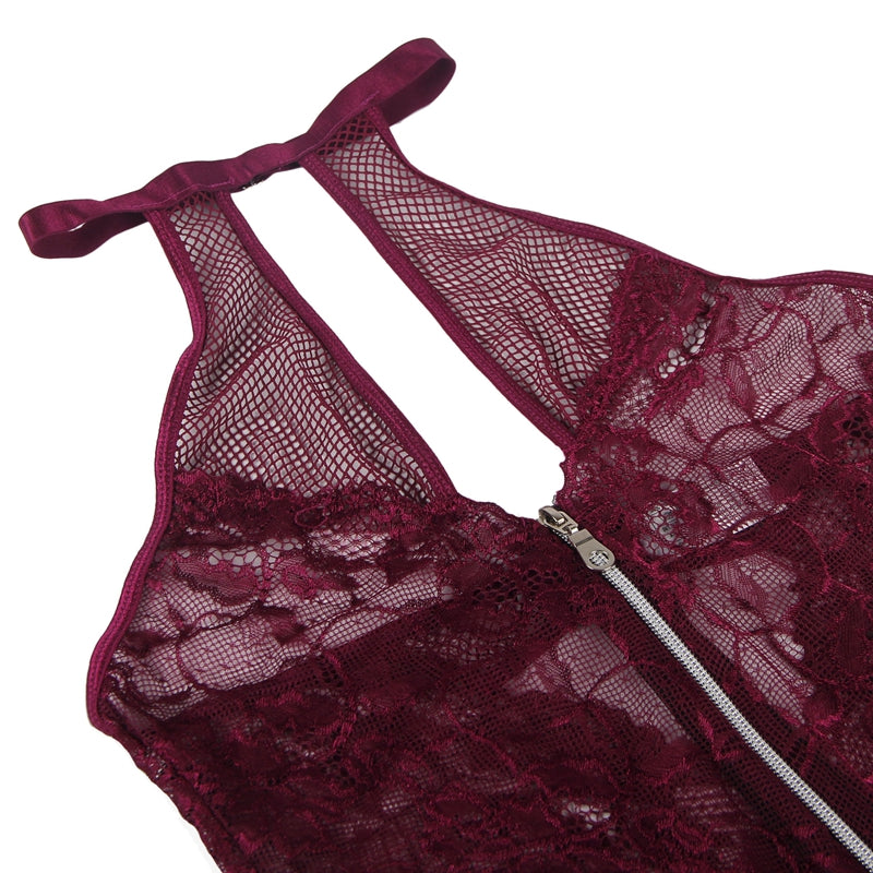 Comeondear Women One Piece Sheer Fishnet Halter Teddy Bodysuit Floral Lace Zipper Deep V High Cut Thong Leotard Bodysuits