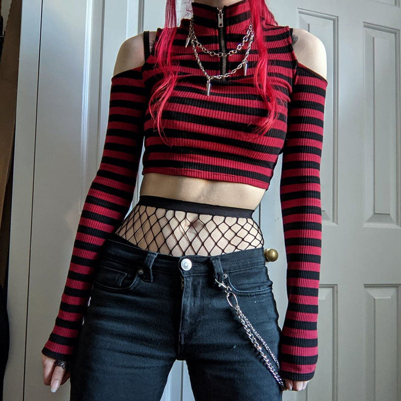 Goth Dark Grunge Striped Mall Gothic Basic T-shirts Punk E-girl Aesthetic Bodycon Casual Crop Tops Long Sleeve Open Shoulder Tee