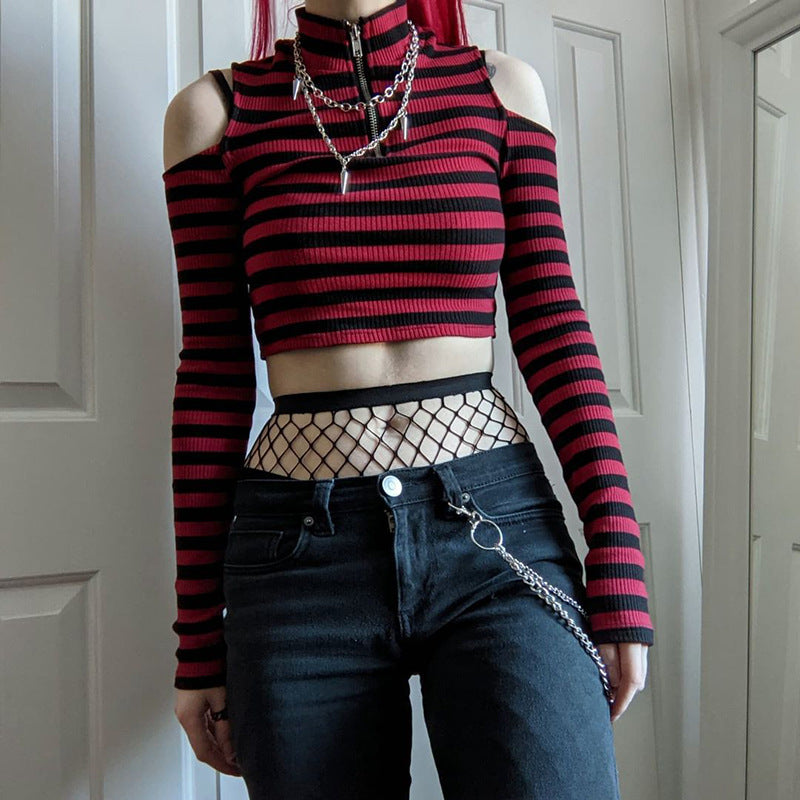 Goth Dark Grunge Striped Mall Gothic Basic T-shirts Punk E-girl Aesthetic Bodycon Casual Crop Tops Long Sleeve Open Shoulder Tee