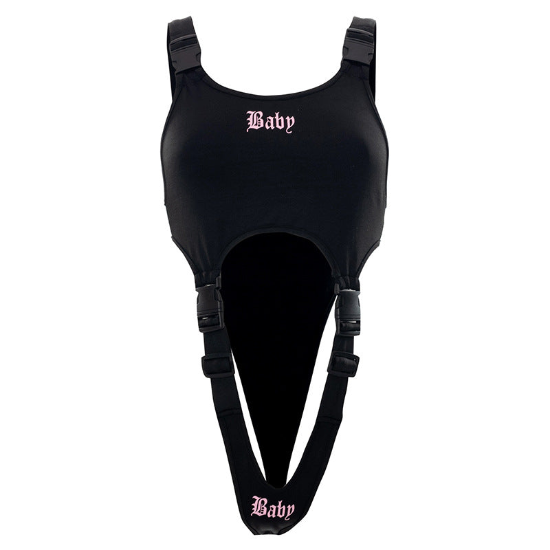 Goth Dark Techwear Y2k Punk Women Sexy Bodysuits Mall Gothic Cargo Black Buckle Patchwork Alt Clothes Cut Out Printed Streetwear