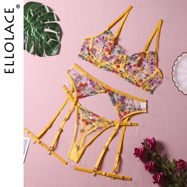 Ellolace Lingerie Sensual Lace Underwear Transparent Embroidery 3-Piece