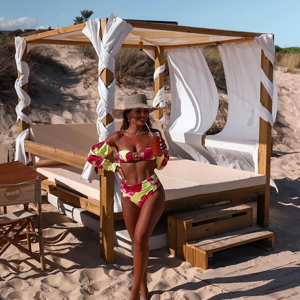 High Waist Bikini New Long Sleeve Sleeve Swimsuit Off-Shoulder Swimwear Women Bubble Sleeve Bikinis Sexy Mesh Beach Wear