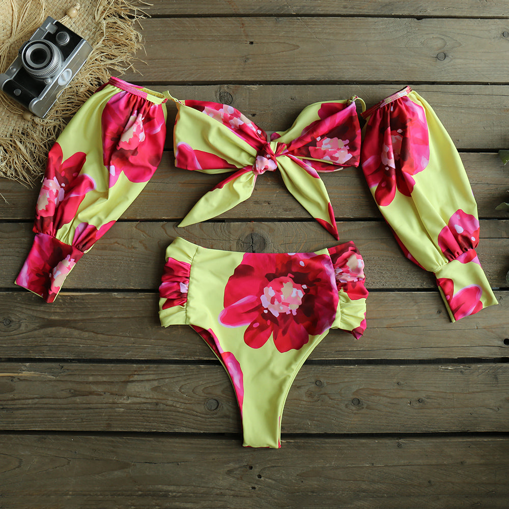 High Waist Bikini New Long Sleeve Sleeve Swimsuit Off-Shoulder Swimwear Women Bubble Sleeve Bikinis Sexy Mesh Beach Wear