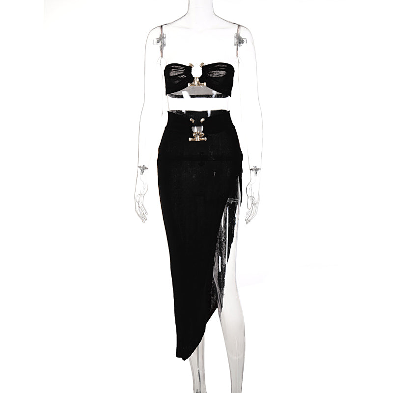 Hugcitar Velvet Sexy Strapless Crop Tube Top High Waist Slit Maxi Dress 2 Pcs Suits Women Fashion Streetwear Vestido