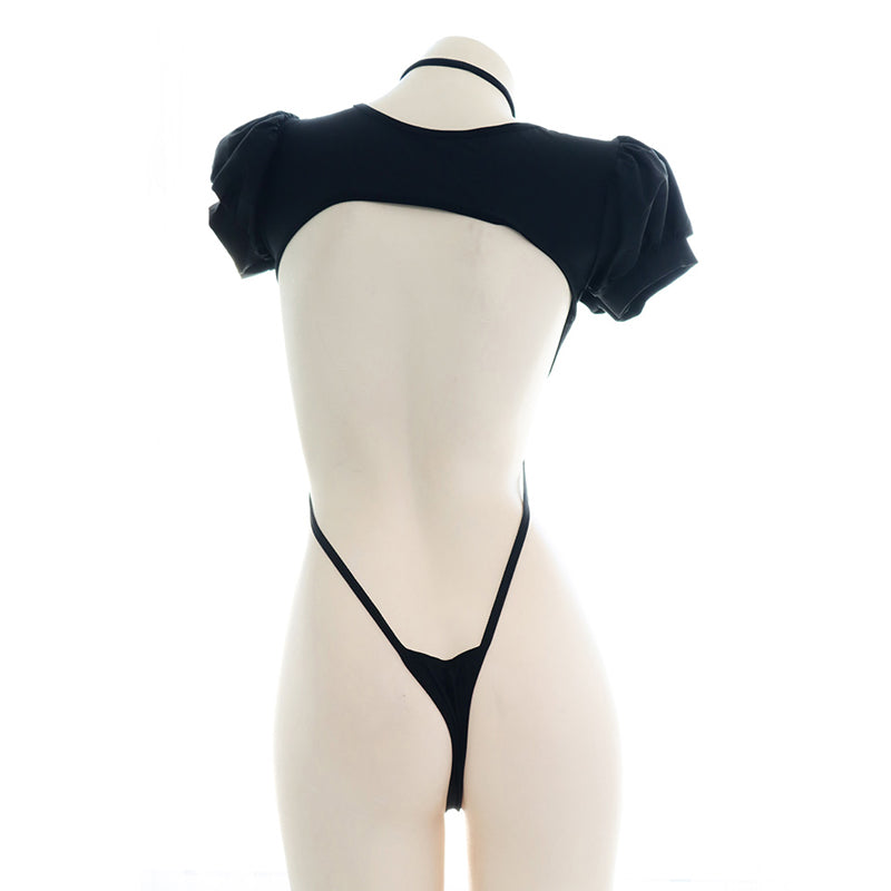 AniLV Anime Student Puff Sleeve Black one-piece Swimsuit Costume Cross Straps Bodysuit Swimwear Uniform Pool Party Cosplay