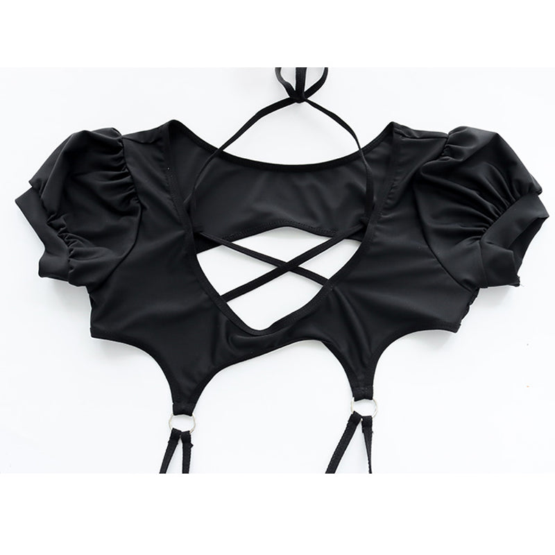 AniLV Anime Student Puff Sleeve Black one-piece Swimsuit Costume Cross Straps Bodysuit Swimwear Uniform Pool Party Cosplay