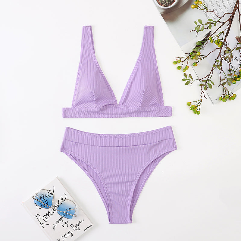 COOBBU Ribbed Bikini High Waist Swimsuit Women Push Up Swimwear Sexy V-Neck Biquini Solid Bathing Suit Bikini Set Beachwear