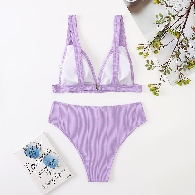COOBBU Ribbed Bikini High Waist Swimsuit Women Push Up Swimwear Sexy V-Neck Biquini Solid Bathing Suit Bikini Set Beachwear