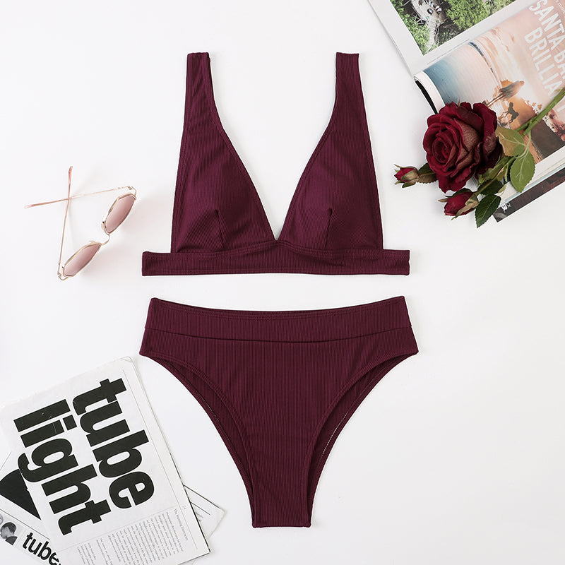 COOBBU Ribbed Bikini High Waist Swimsuit Women Push Up Swimwear Sexy V-Neck Biquini Solid Bathing Suit Bikini Set Beachwear