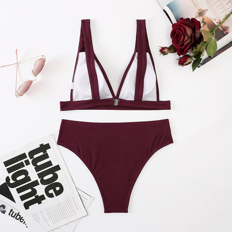 COOBBU Ribbed Bikini High Waist Swimsuit Women Push Up Swimwear Sexy V-Neck Biquini Solid Bathing Suit Bikini Set Beachwear